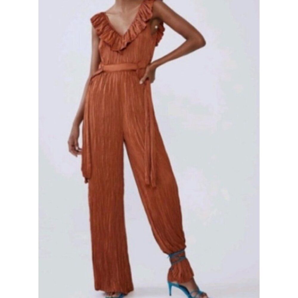 Zara Women's Crinkle Bronze Ruffle V-neck Side Tie Wide Leg Jumpsuit Size M